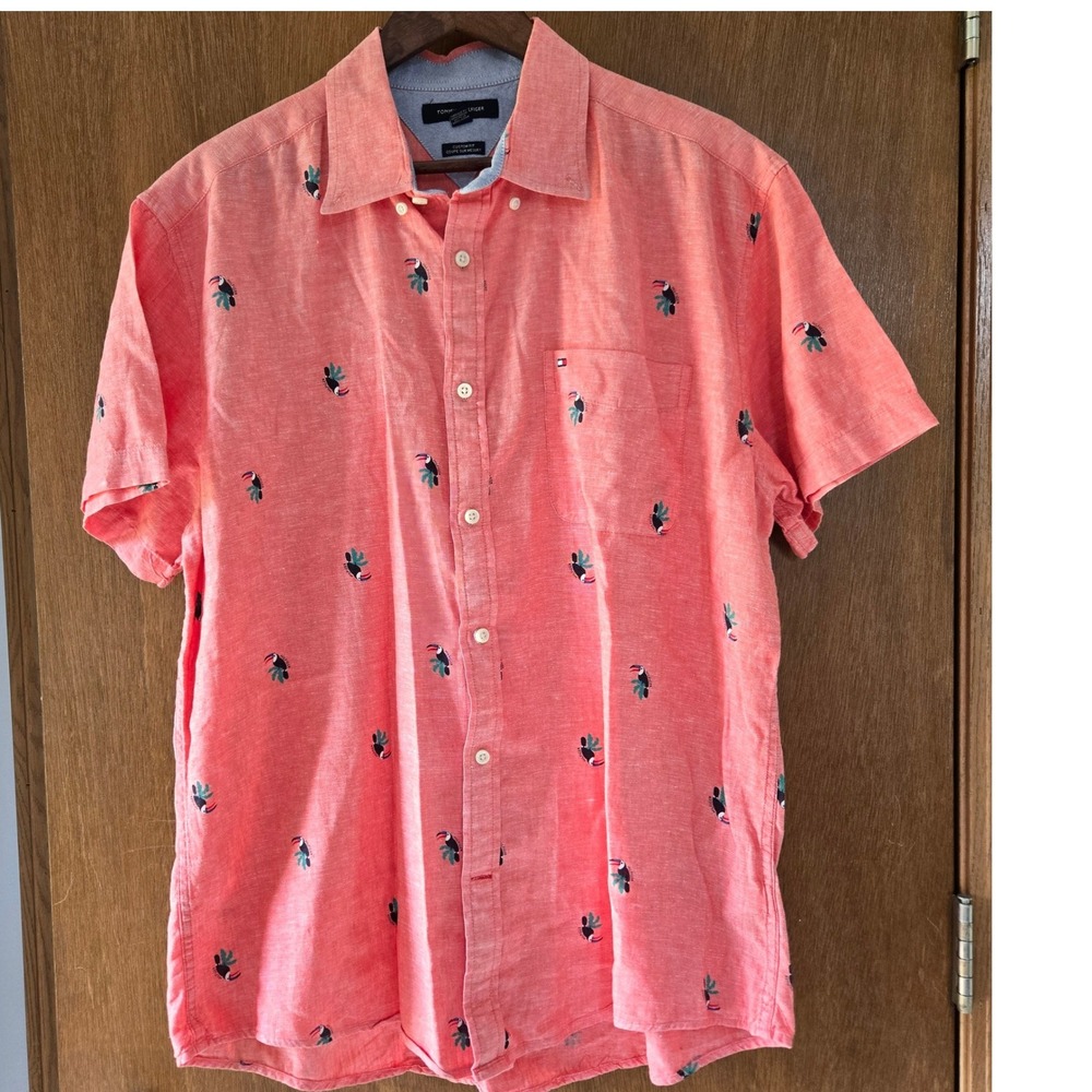 Tommy Hilfiger Mens XL Custom Fit Linen Blend Toucan Short Sleeve Button Down